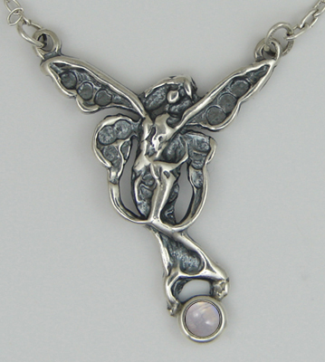 Sterling Silver Victorian Winged Fairy Necklace With Rainbow Moonstone